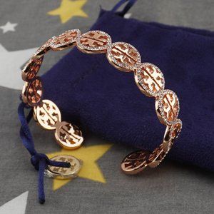 Tory Burch Miller Pave Repeating Logo Crystal Cuff Bracelet Bangle in Rose Gold